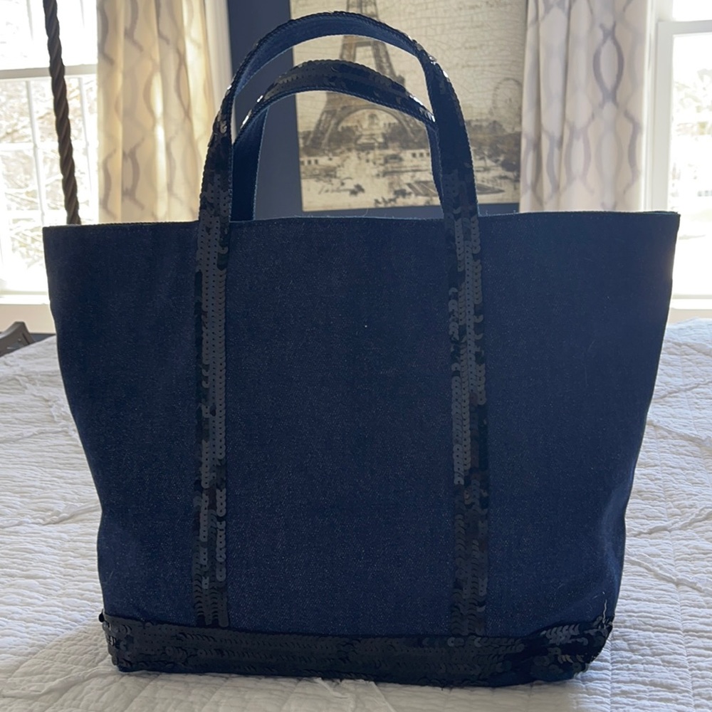 Black sequin trimmed denim medium size tote bag!